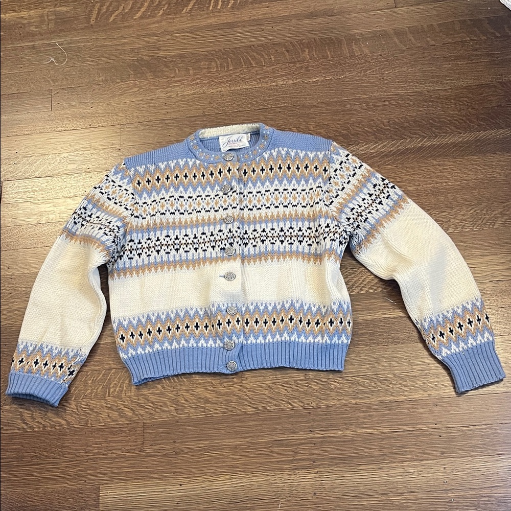 Vintage Blue and Cream Patterned Fair Isle Nordic Cardigan fits like S-M